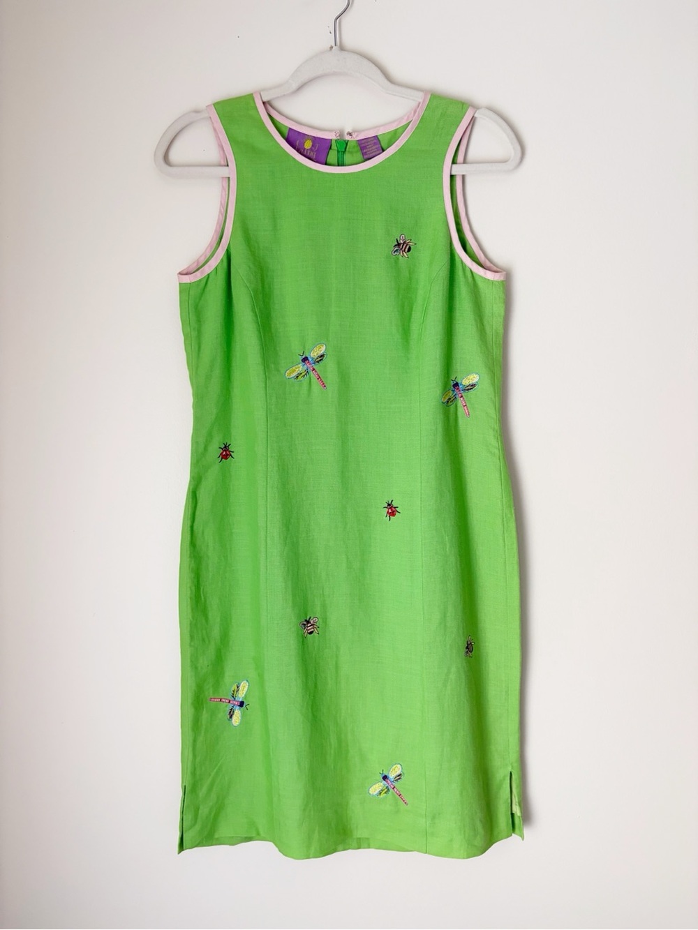 CJ Laing Vintage Bright Green Embroidered Linen Dress size 6